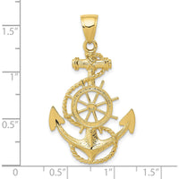 10K Yellow Gold Anchor with Wheel Pendant - Polished 41mm Nautical Design