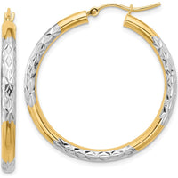 10K Yellow Gold & Rhodium 3mm Diamond Cut Hoop Earrings - 36mm Length