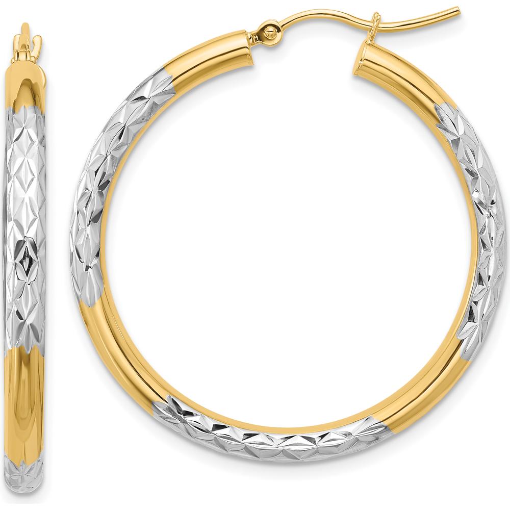 10K Yellow Gold & Rhodium 3mm Diamond Cut Hoop Earrings - 36mm Length