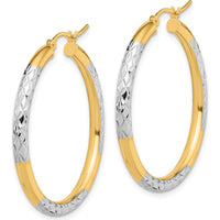 10K Yellow Gold & Rhodium 3mm Diamond Cut Hoop Earrings - 36mm Length