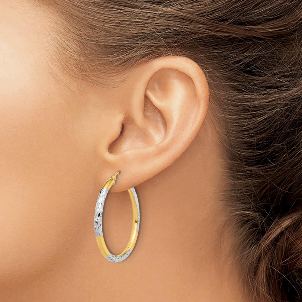 10K Yellow Gold & Rhodium 3mm Diamond Cut Hoop Earrings - 36mm Length