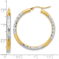 10K Yellow Gold & Rhodium 3mm Diamond Cut Hoop Earrings - 36mm Length
