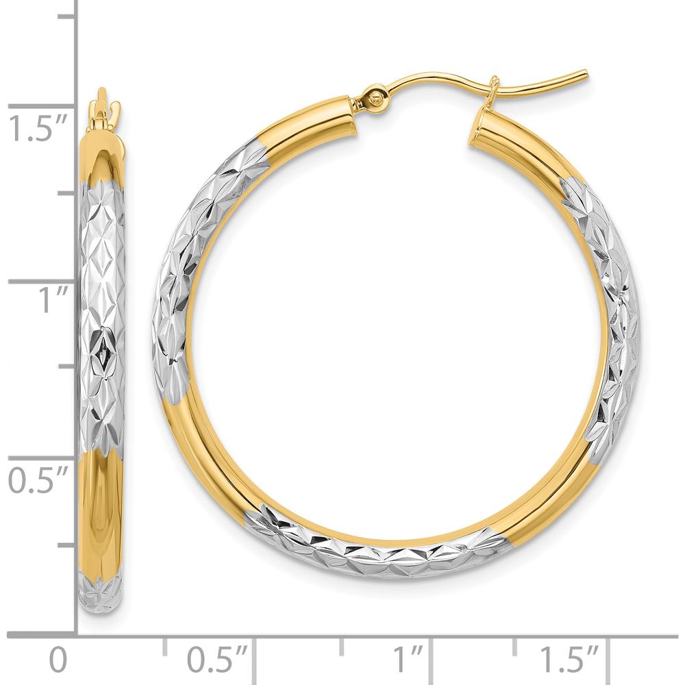 10K Yellow Gold & Rhodium 3mm Diamond Cut Hoop Earrings - 36mm Length