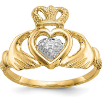 10K Yellow Gold & Rhodium Claddagh Ring with Crown and Heart Design