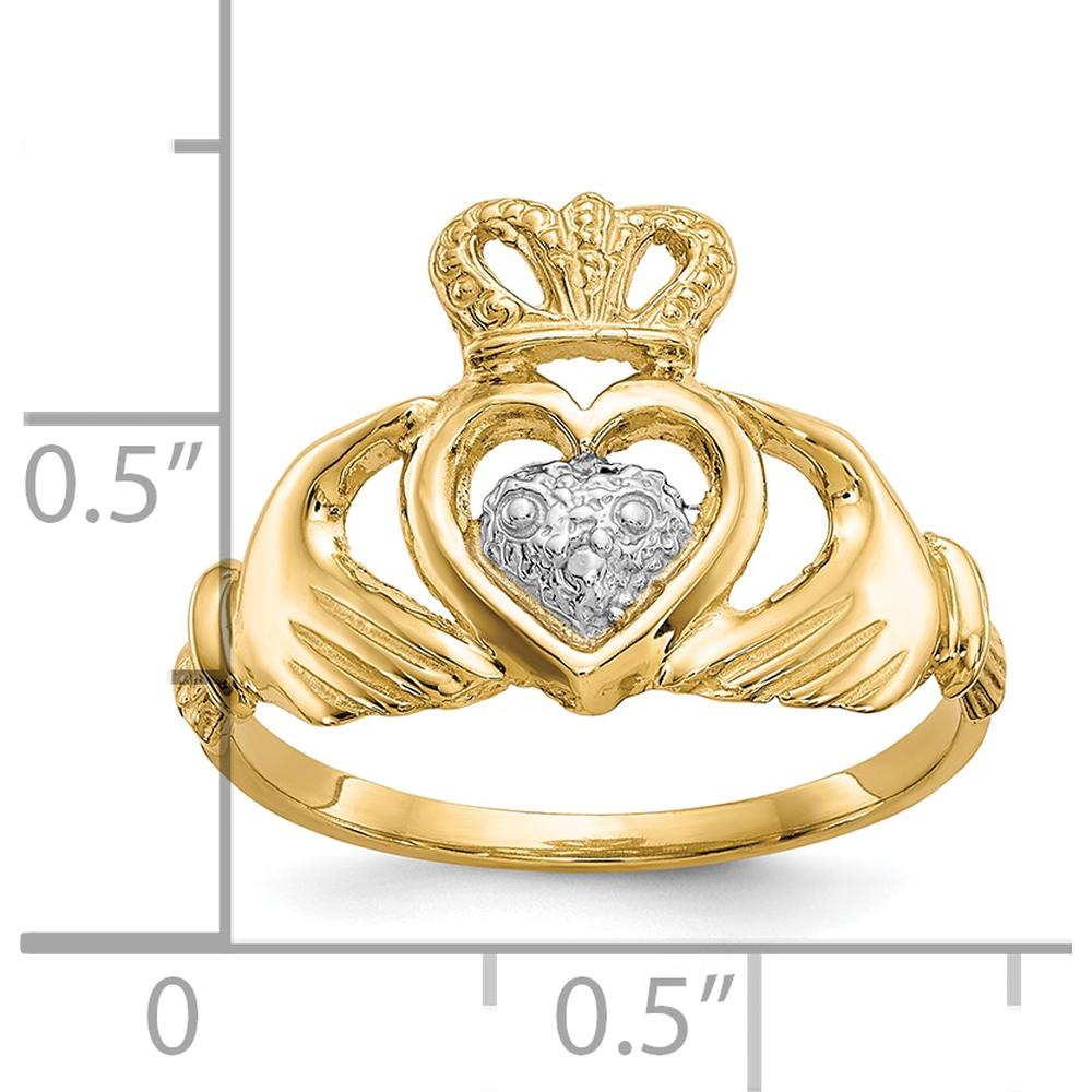 10K Yellow Gold & Rhodium Claddagh Ring with Crown and Heart Design