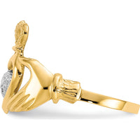 10K Yellow Gold & Rhodium Claddagh Ring with Crown and Heart Design