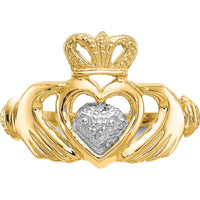 10K Yellow Gold & Rhodium Claddagh Ring with Crown and Heart Design