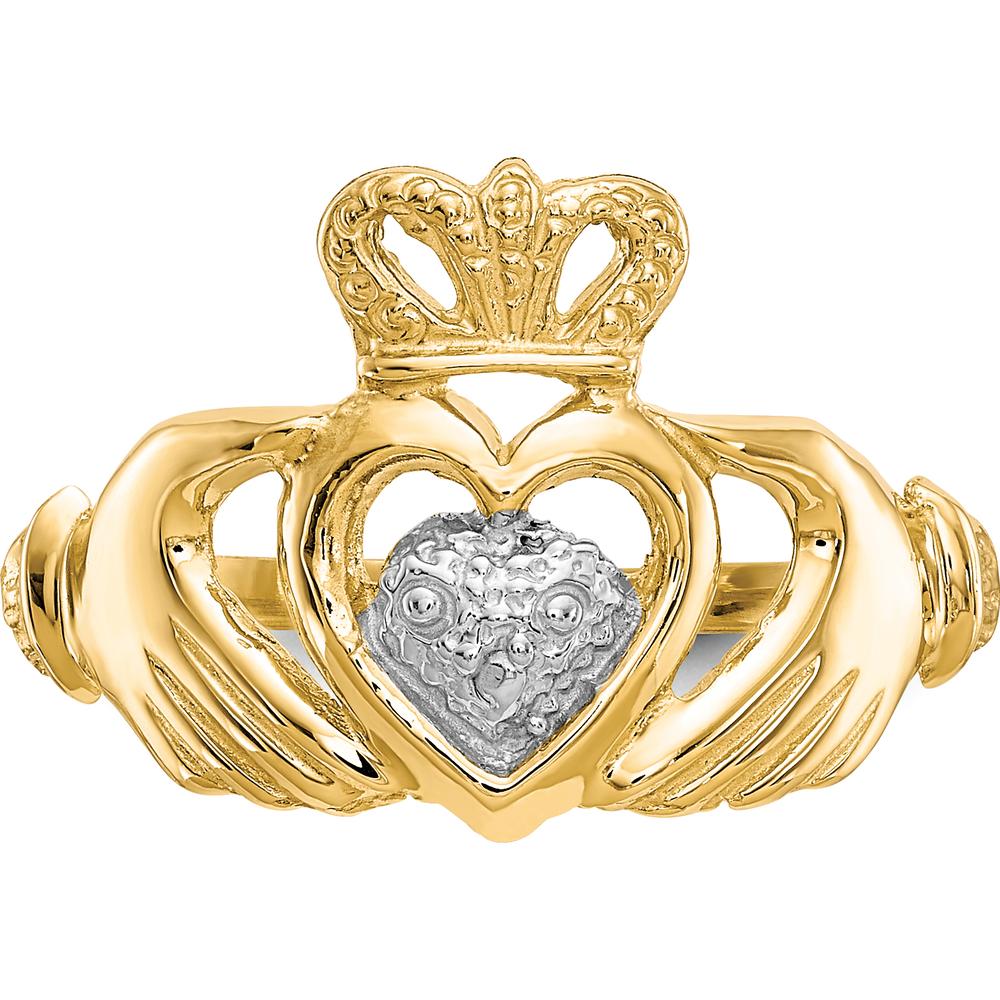 10K Yellow Gold & Rhodium Claddagh Ring with Crown and Heart Design