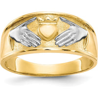10K Yellow Gold & Rhodium Claddagh Ring with Tapered Band for Men