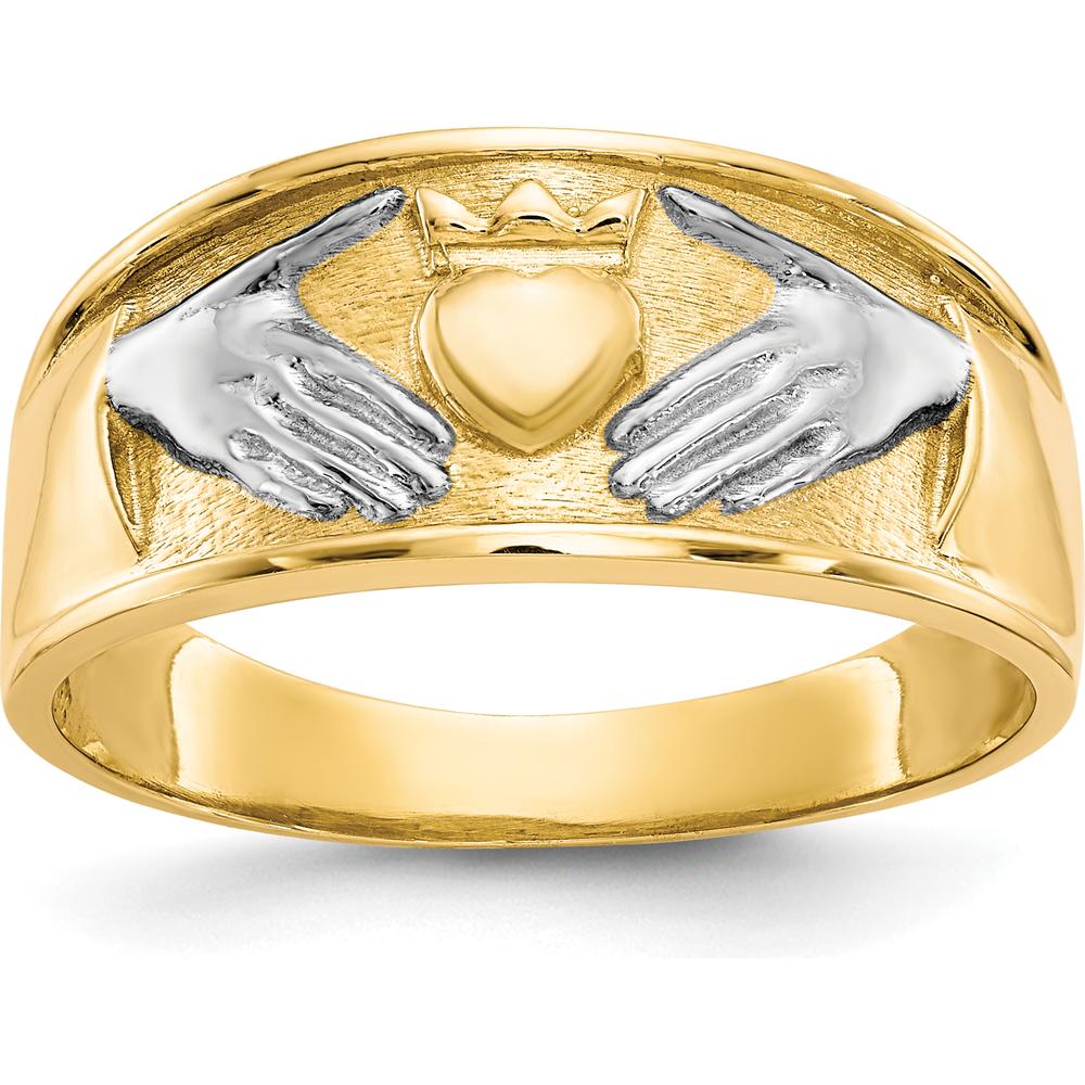 10K Yellow Gold & Rhodium Claddagh Ring with Tapered Band for Men