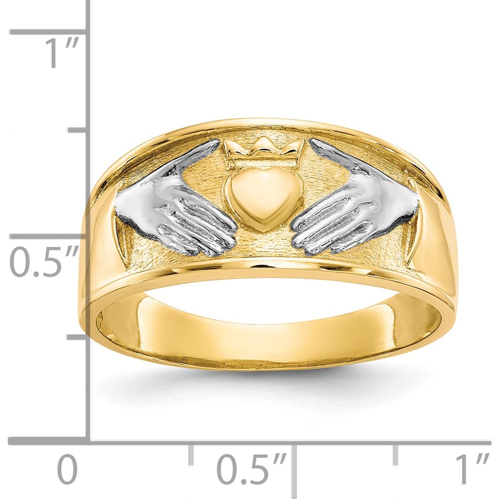 10K Yellow Gold & Rhodium Claddagh Ring with Tapered Band for Men