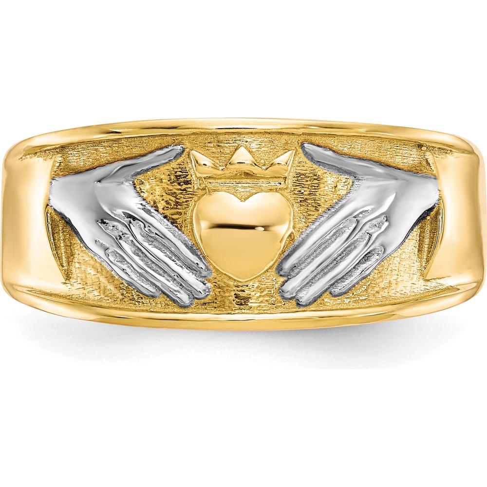 10K Yellow Gold & Rhodium Claddagh Ring with Tapered Band for Men