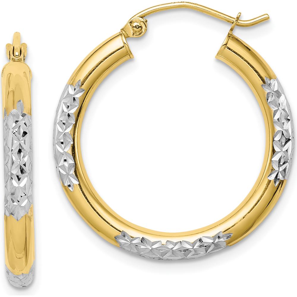10K Yellow Gold and Rhodium Diamond Cut 3mm Hoop Earrings - 26mm Length