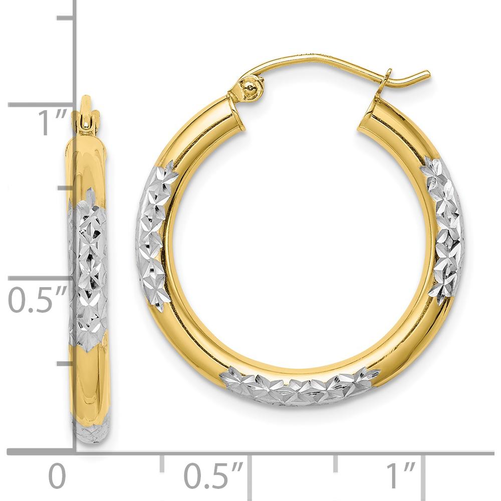 10K Yellow Gold and Rhodium Diamond Cut 3mm Hoop Earrings - 26mm Length