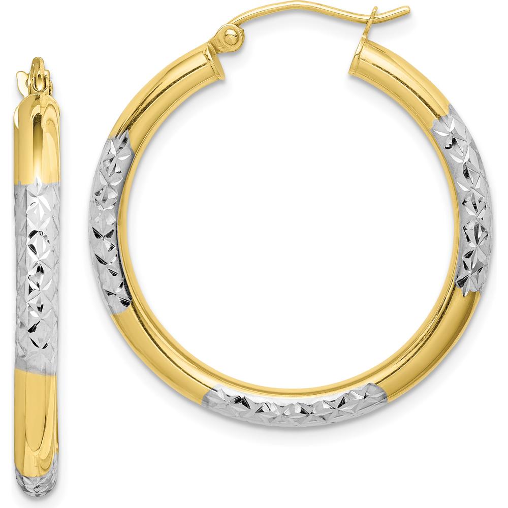 10K Yellow Gold and Rhodium Diamond Cut 3mm Hoop Earrings - Polished Finish, 31mm Length