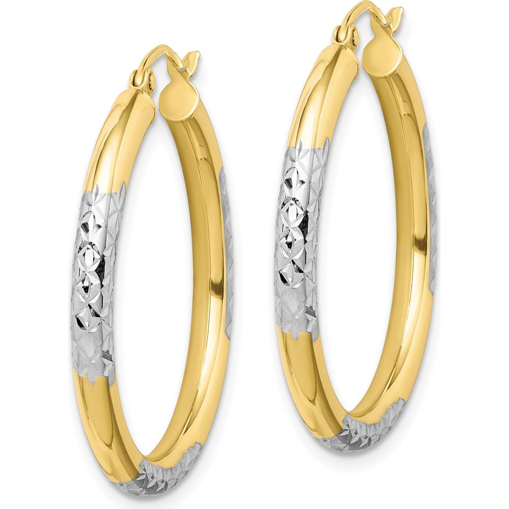10K Yellow Gold and Rhodium Diamond Cut 3mm Hoop Earrings - Polished Finish, 31mm Length