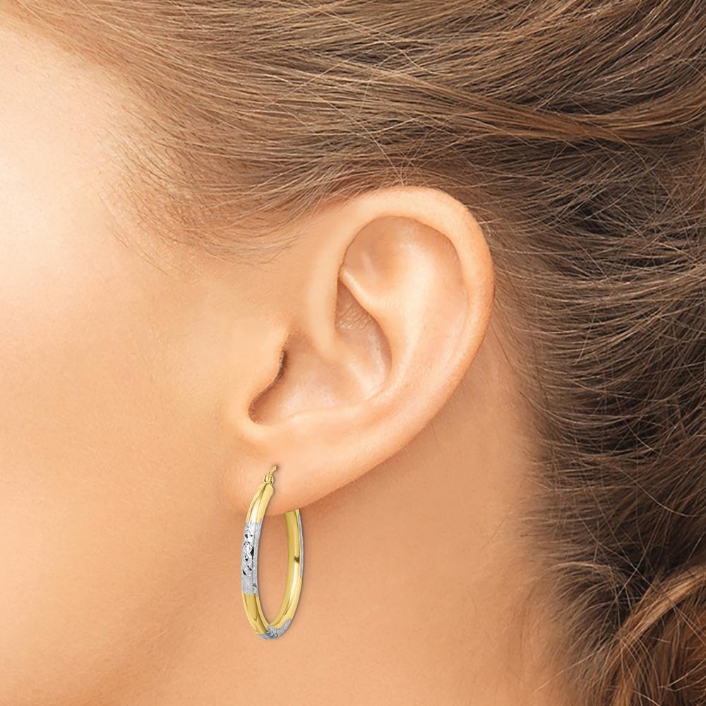 10K Yellow Gold and Rhodium Diamond Cut 3mm Hoop Earrings - Polished Finish, 31mm Length
