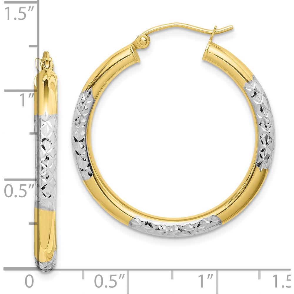 10K Yellow Gold and Rhodium Diamond Cut 3mm Hoop Earrings - Polished Finish, 31mm Length