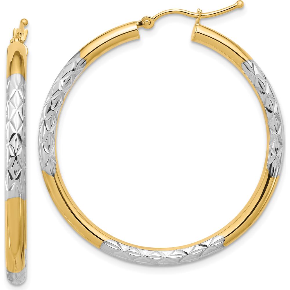 10K Yellow Gold & Rhodium Diamond Cut 3mm Hoop Earrings with Polished Finish