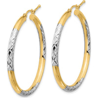 10K Yellow Gold & Rhodium Diamond Cut 3mm Hoop Earrings with Polished Finish