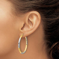 10K Yellow Gold & Rhodium Diamond Cut 3mm Hoop Earrings with Polished Finish