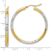 10K Yellow Gold & Rhodium Diamond Cut 3mm Hoop Earrings with Polished Finish