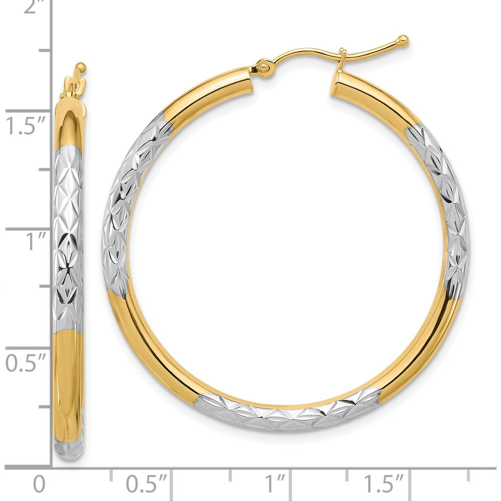 10K Yellow Gold & Rhodium Diamond Cut 3mm Hoop Earrings with Polished Finish