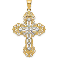 10K Yellow Gold & Rhodium Polished Textured Diamond Pattern Cross Pendant - 45.65mm Length