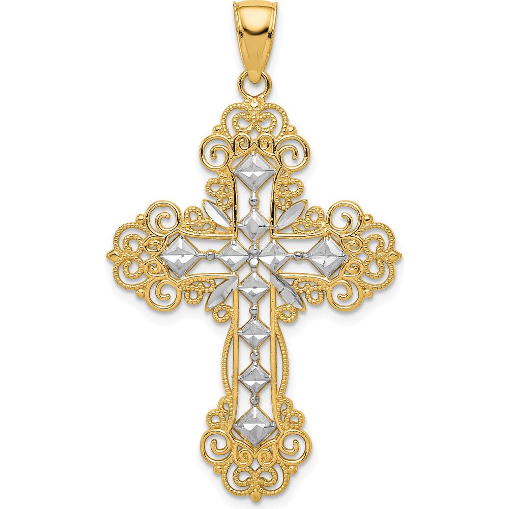 10K Yellow Gold & Rhodium Polished Textured Diamond Pattern Cross Pendant - 45.65mm Length