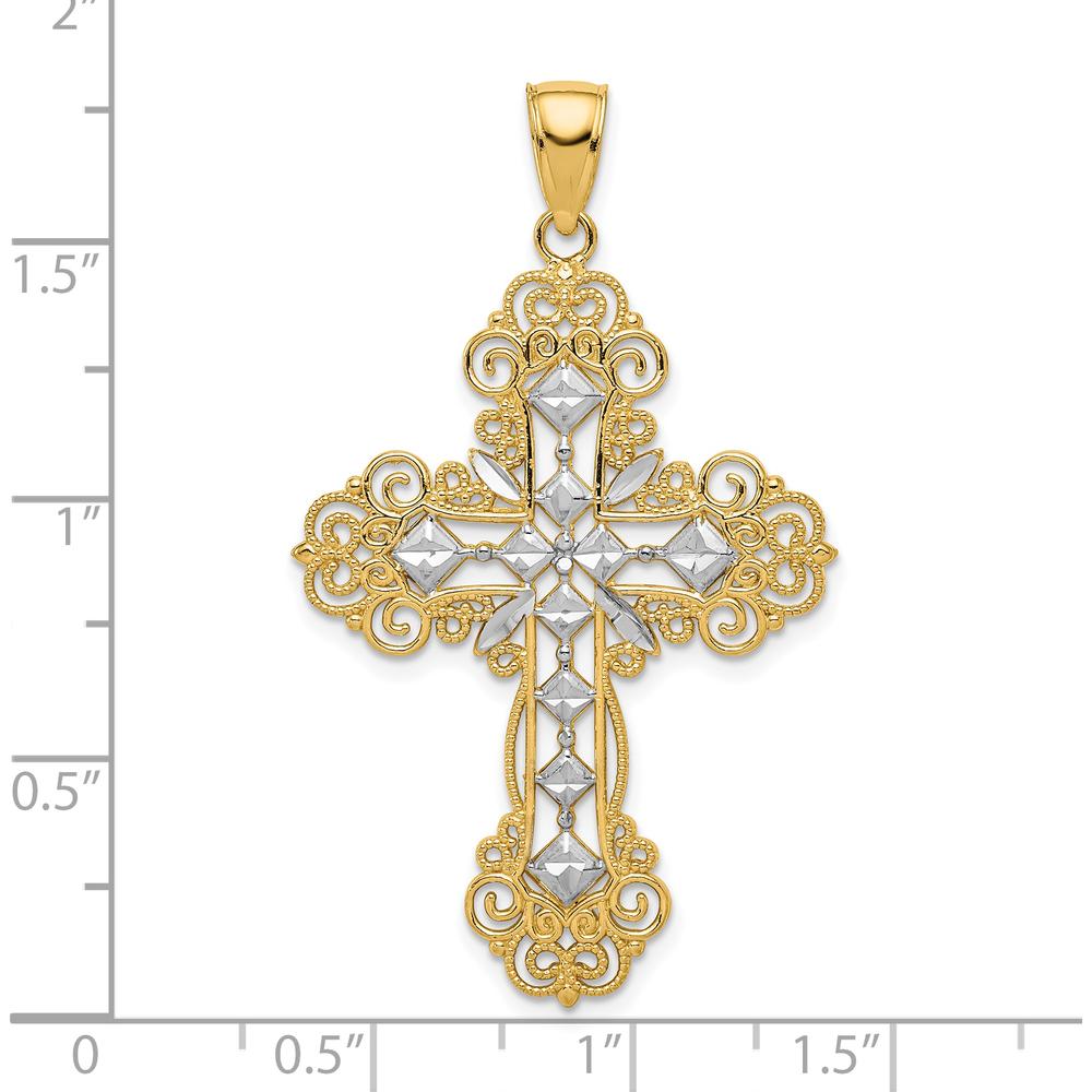 10K Yellow Gold & Rhodium Polished Textured Diamond Pattern Cross Pendant - 45.65mm Length