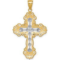 10K Yellow Gold & Rhodium Polished Textured Diamond Pattern Cross Pendant - 45.65mm Length
