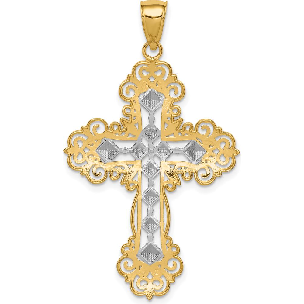 10K Yellow Gold & Rhodium Polished Textured Diamond Pattern Cross Pendant - 45.65mm Length