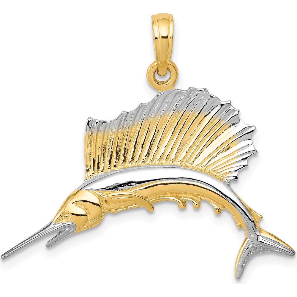 10K Yellow Gold & Rhodium Sailfish Pendant - Ocean-Inspired Themed Charm with Polished Finish