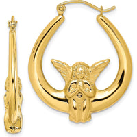 10K Yellow Gold Angel Hoop Earrings with Polished Finish - 19mm Length