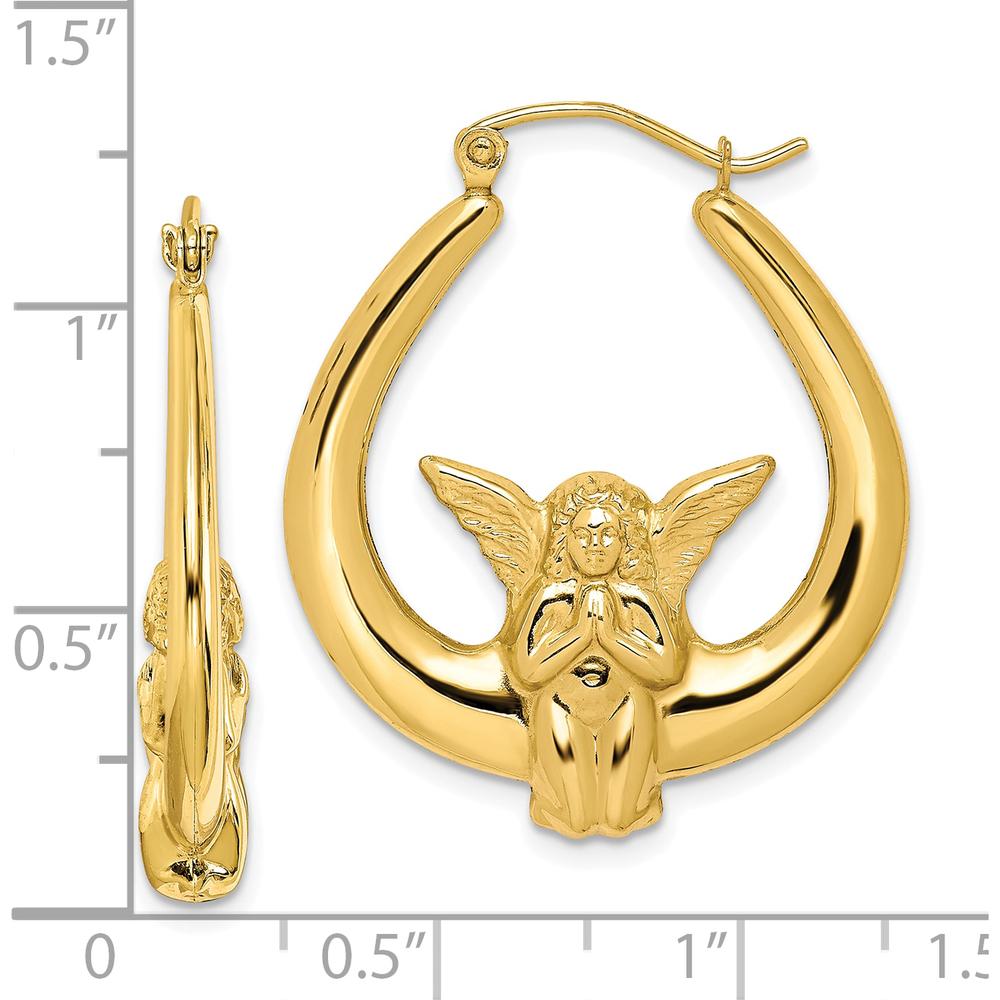 10K Yellow Gold Angel Hoop Earrings with Polished Finish - 19mm Length