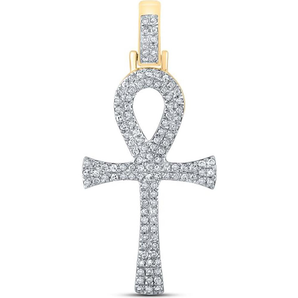 10K Yellow Gold Ankh Cross Pendant with Pave-Set Round Diamonds - 0.32 Carat Total Diamond Weight