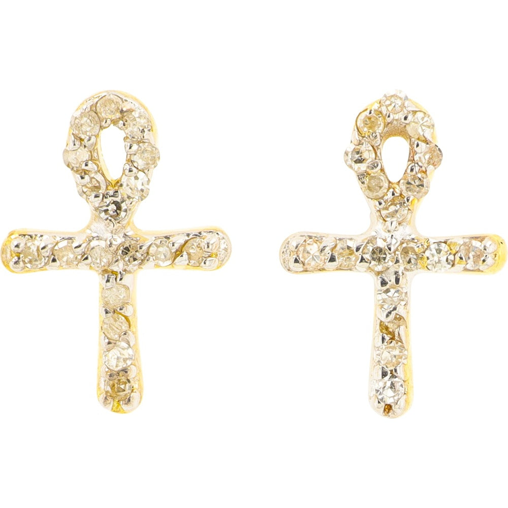 10K Yellow Gold Ankh Stud Earrings with Pavé Set Round Diamonds - 0.12 Carat Total Diamond Weight