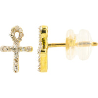 10K Yellow Gold Ankh Stud Earrings with Pavé Set Round Diamonds - 0.12 Carat Total Diamond Weight