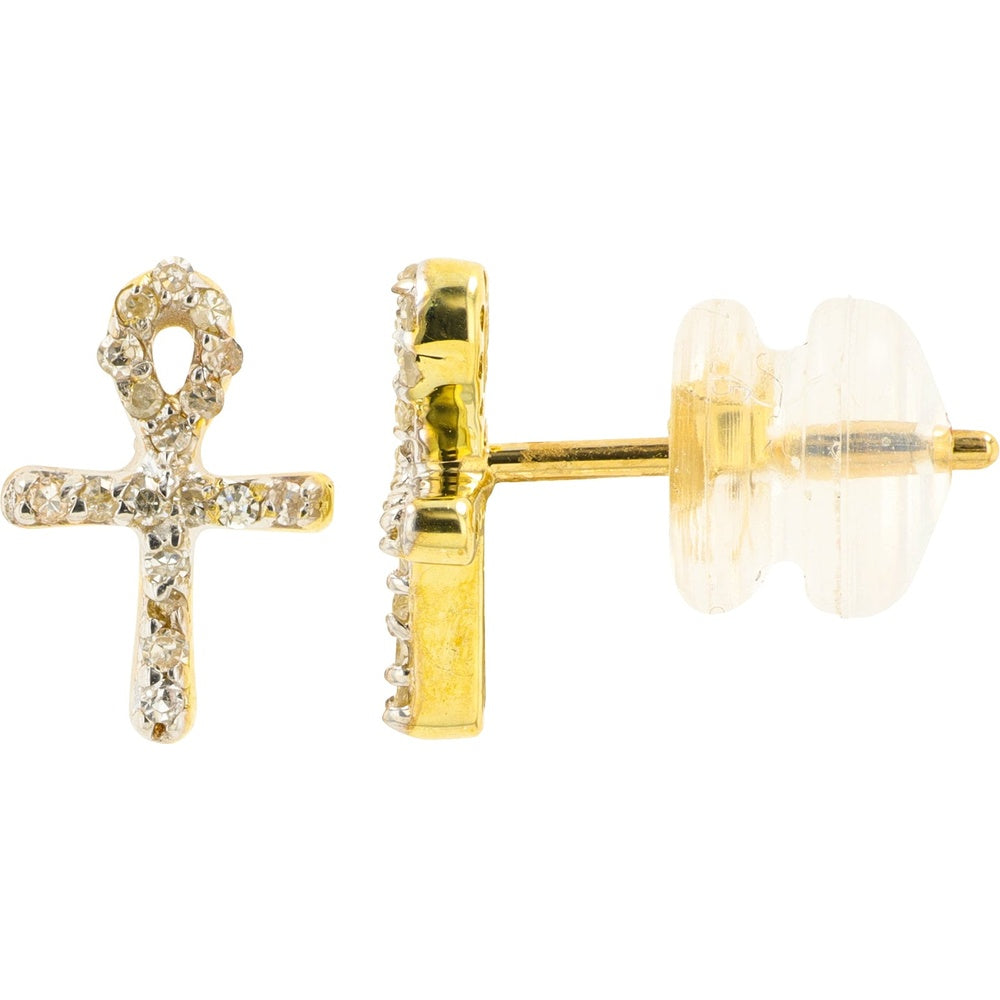 10K Yellow Gold Ankh Stud Earrings with Pavé Set Round Diamonds - 0.12 Carat Total Diamond Weight