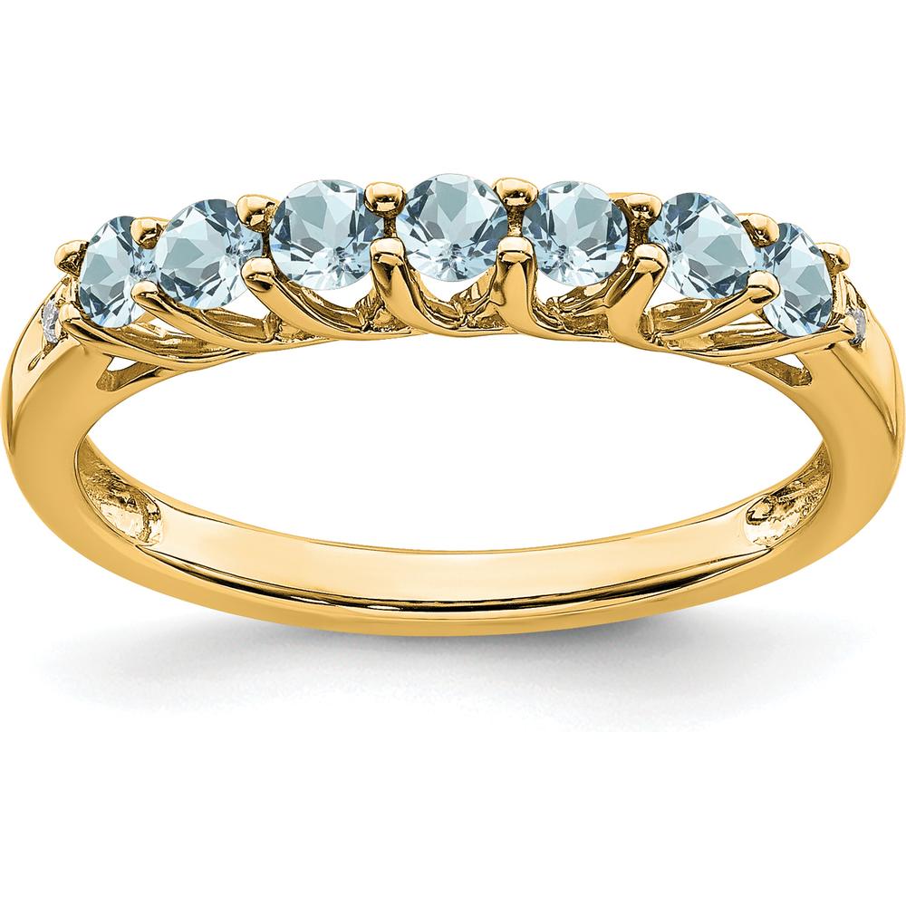 10K Yellow Gold Aquamarine and Diamond 7-Stone Ring with Round Aquamarine and Diamond Accents - 0.06 Carat Total Diamond Weight by 0