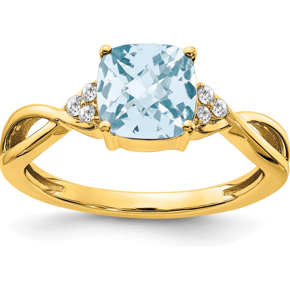 10K Yellow Gold Aquamarine and Diamond Cushion Cut Ring - 1.75 Carat Aquamarine, 0.01 Carat Total Diamond Weight by 0
