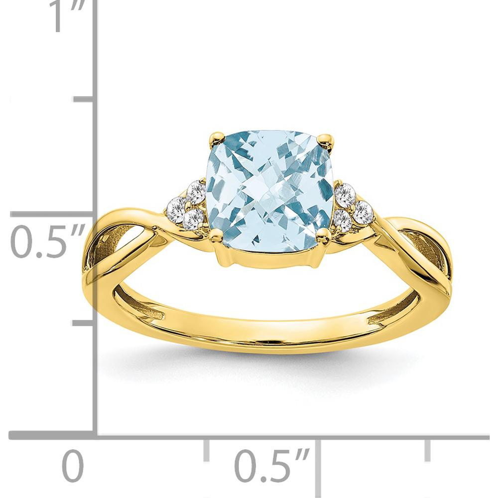 10K Yellow Gold Aquamarine and Diamond Cushion Cut Ring - 1.75 Carat Aquamarine, 0.01 Carat Total Diamond Weight by 0