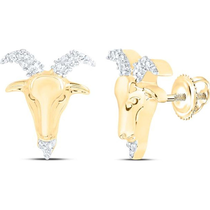10K Yellow Gold Aries Goat Stud Earrings with Prong-Set Round Diamonds - 0.10 Carat Total Diamond Weight