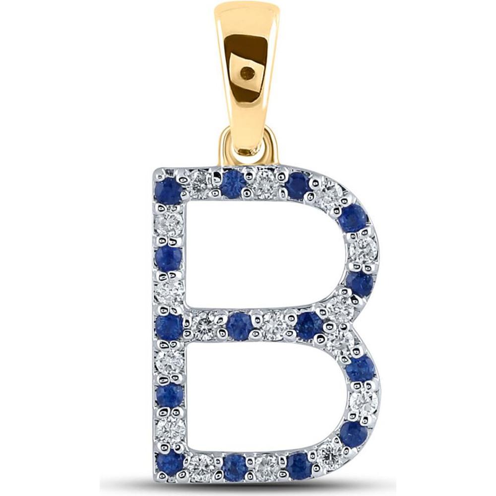 10K Yellow Gold B Letter Pendant with Prong-Set Round Blue Sapphires 0.12 Carat and Diamonds 0.11 Carat - 0.25 Carat Total Gem Weight