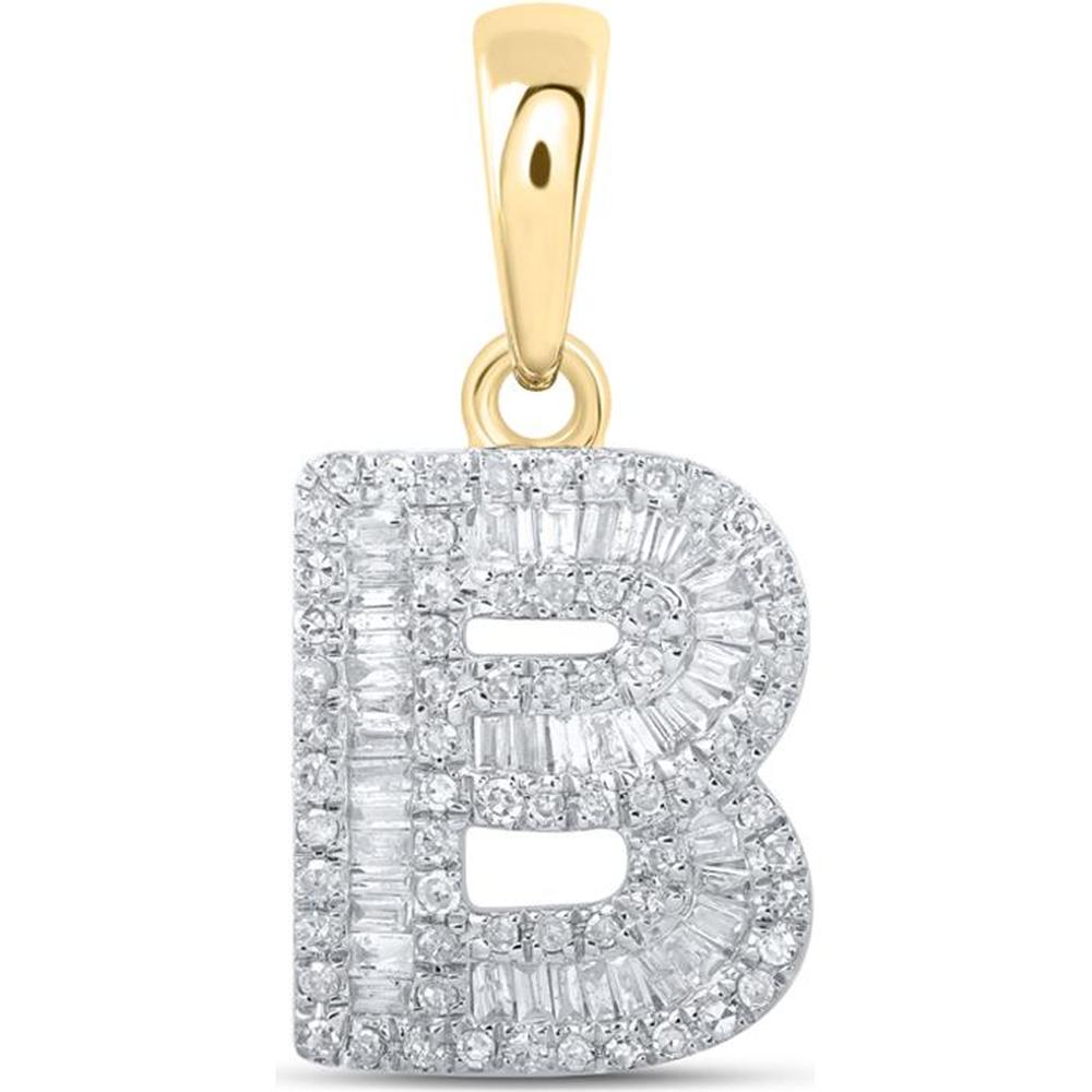 10K Yellow Gold Baguette and Round Diamond "B" Initial Pendant - 3/8 Carat Total Diamond Weight