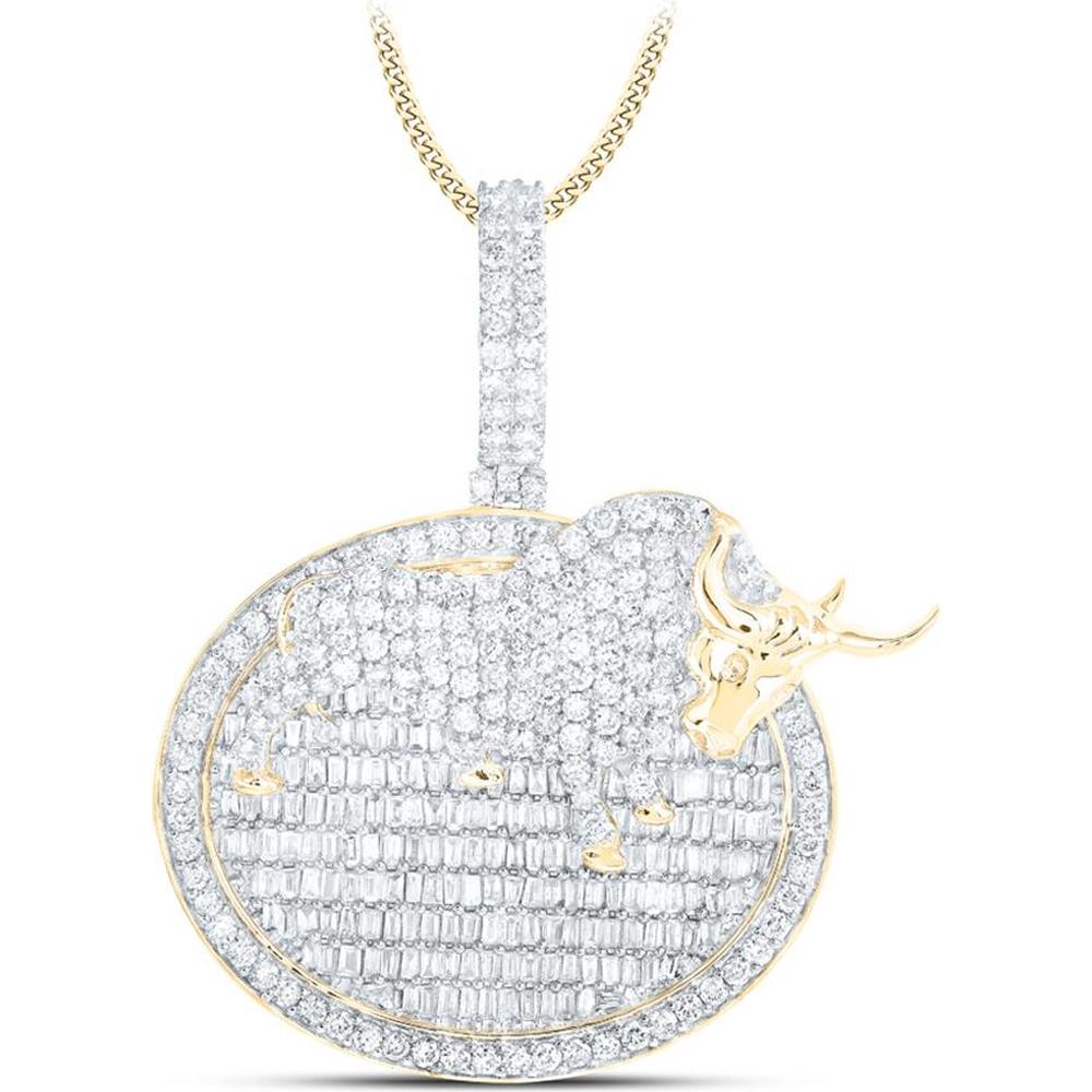 10K Yellow Gold Baguette and Round Diamond Bull Pendant - 3 Carat Total Diamond Weight