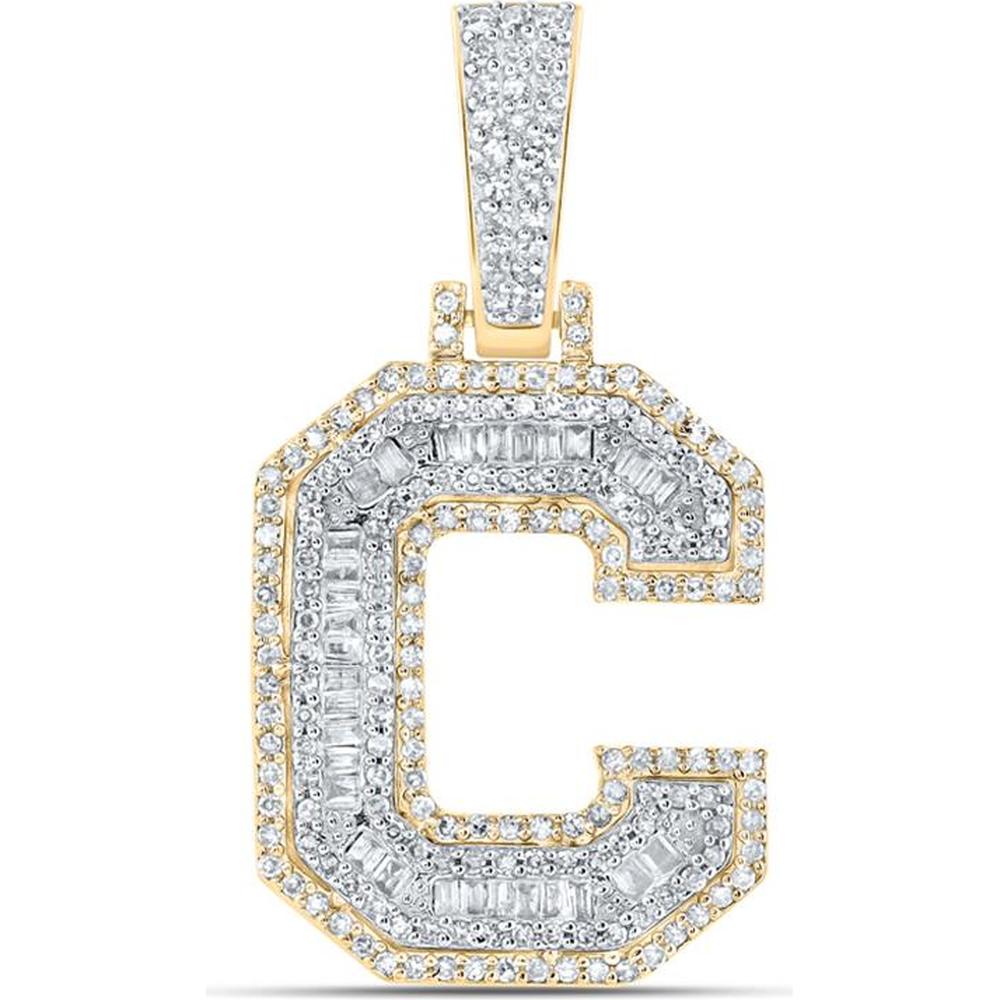 10K Yellow Gold Baguette and Round Diamond C Initial Charm Pendant - 1/2 Carat Total Diamond Weight