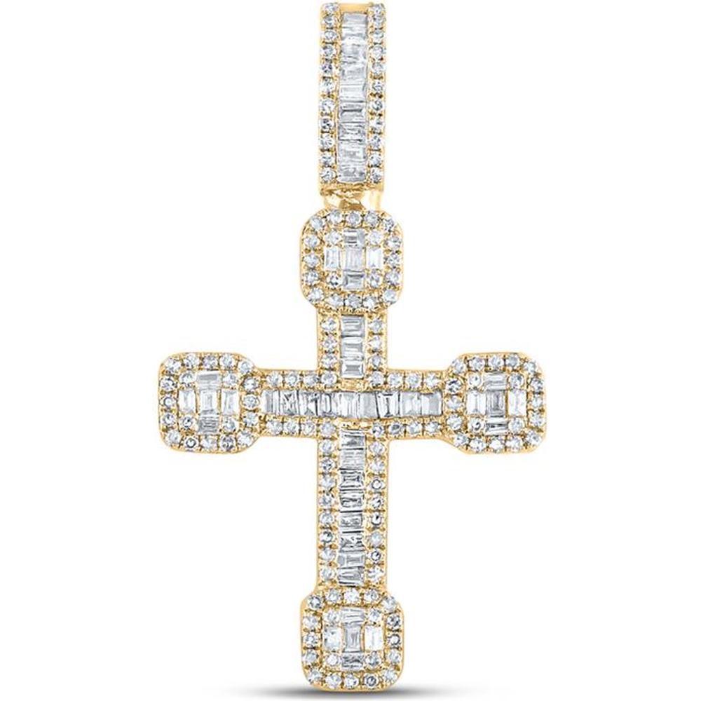 10K Yellow Gold Baguette and Round Diamond Cross Charm Pendant - 1/2 Carat Total Diamond Weight