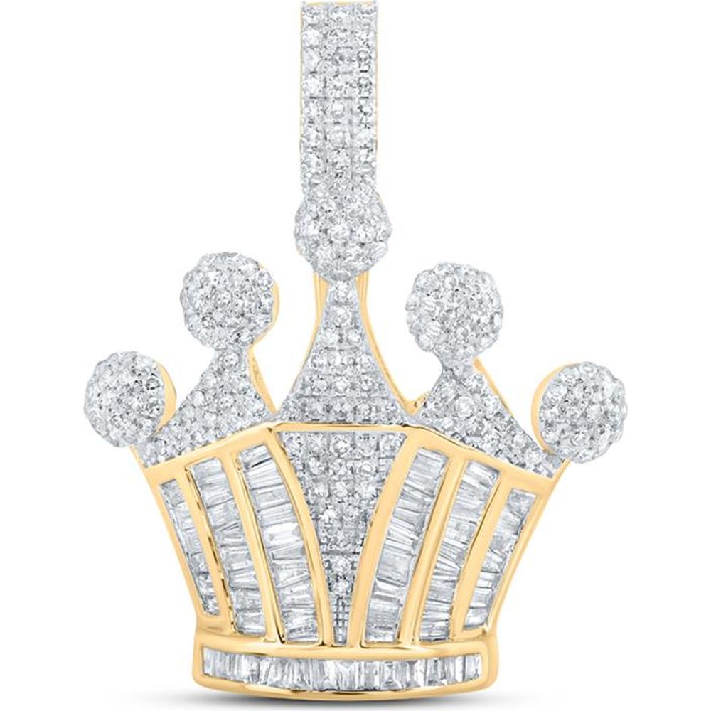 10K Yellow Gold Baguette and Round Diamond Crown Pendant - 1-5/8 Carat Total Diamond Weight