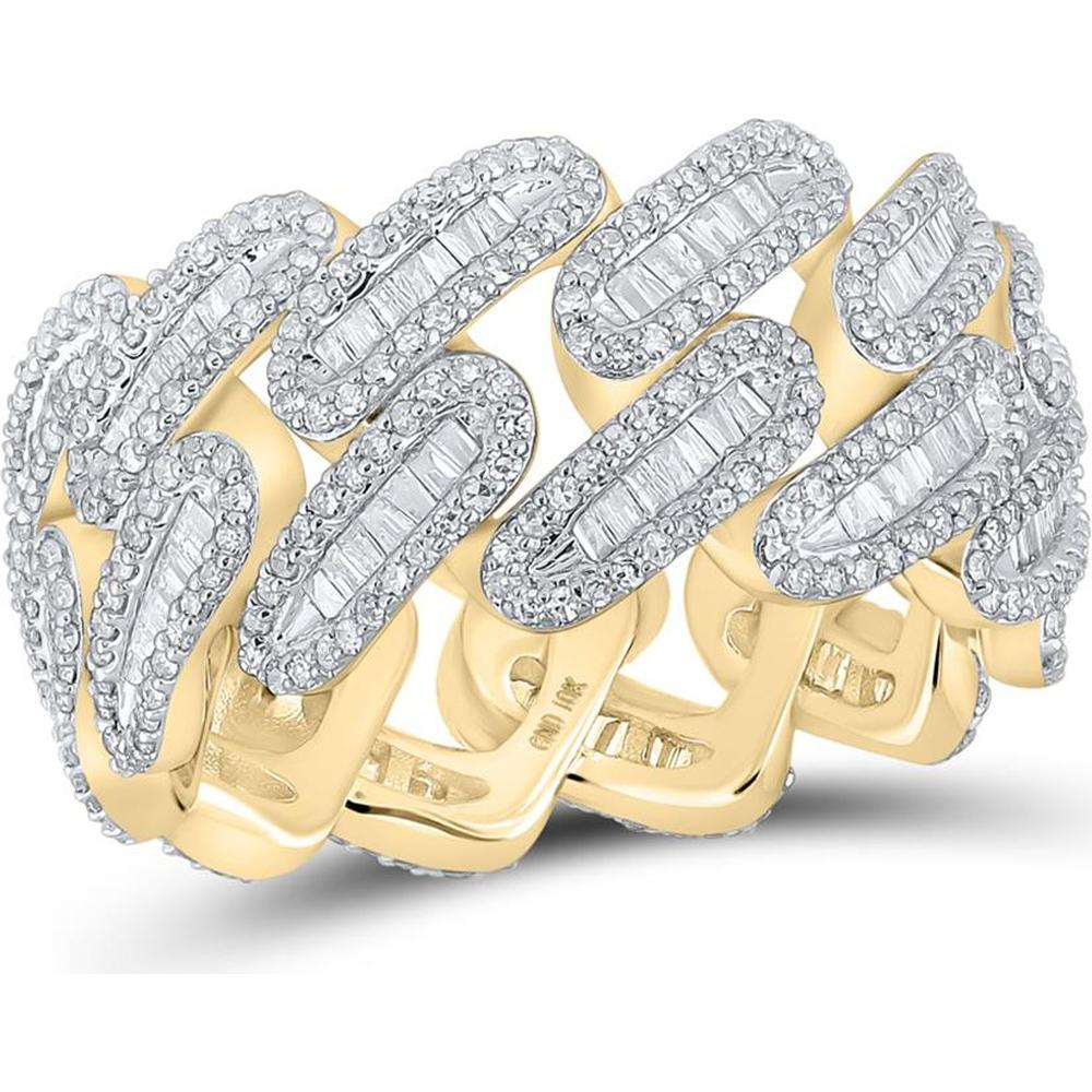 10K Yellow Gold Baguette and Round Diamond Cuban Link Band Ring - 2.33 Carat Total Diamond Weight